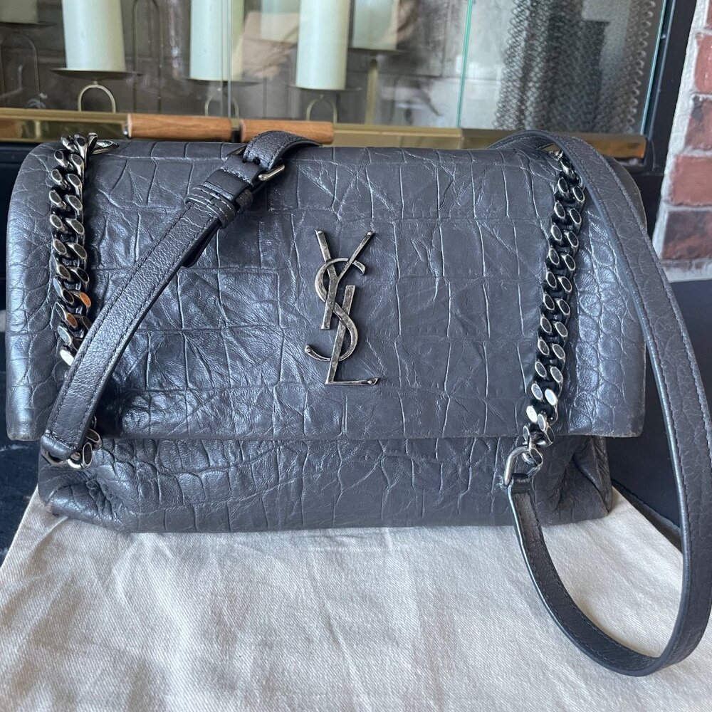 Authentic Yves Saint Laurent Crocodile Embossed West Hollywood Fold Over Bag